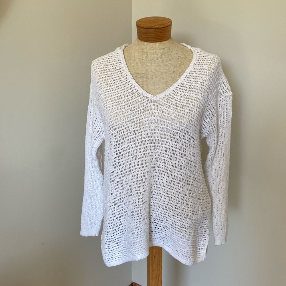 J Jill White Knit open weave V-Neck Sweater with hood Sz S petite 100% cotton